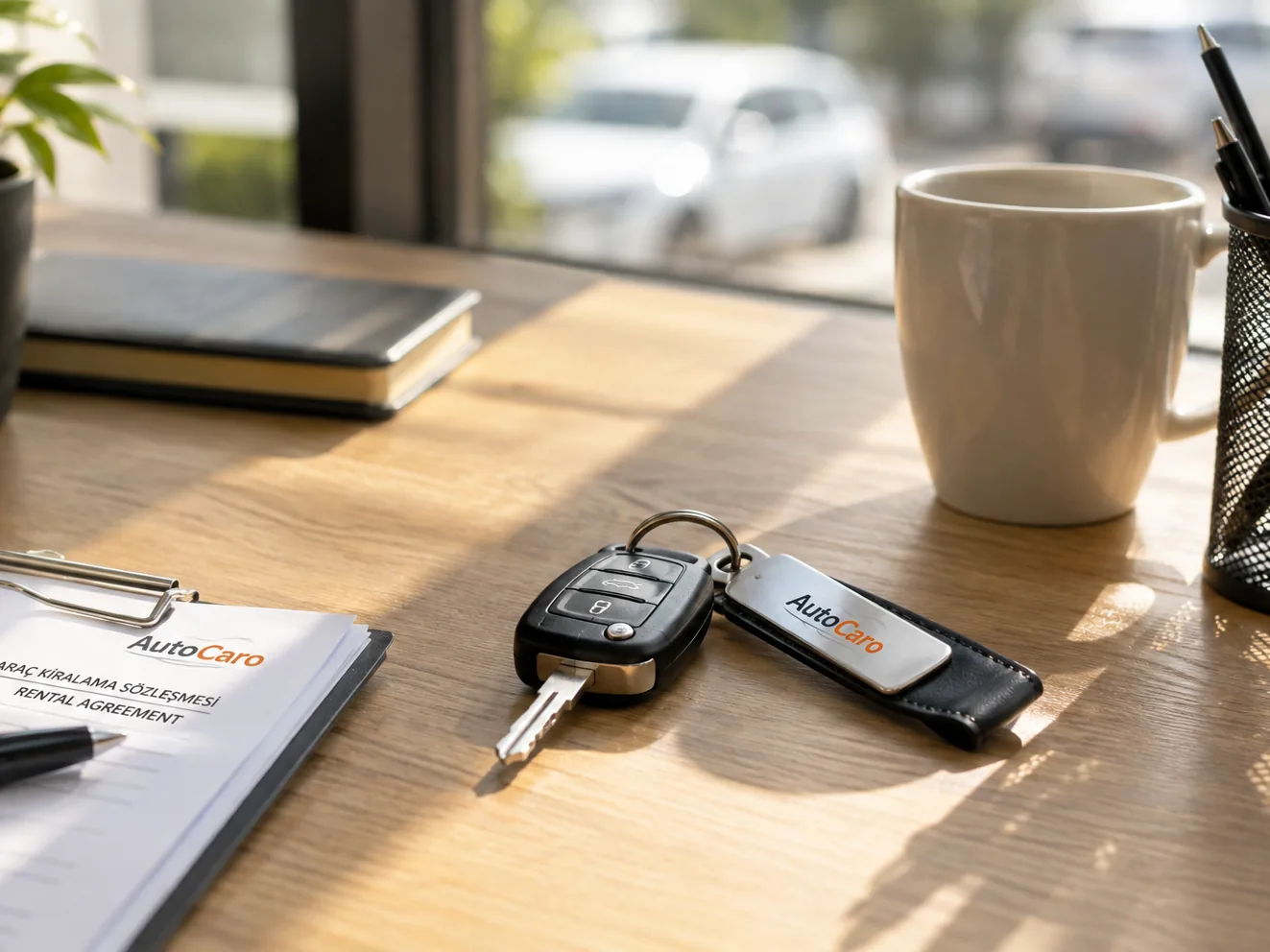 Araç kiralama sözleşmesi, AutoCaro anahtarlığı ve araç anahtarı bir ofis masasında